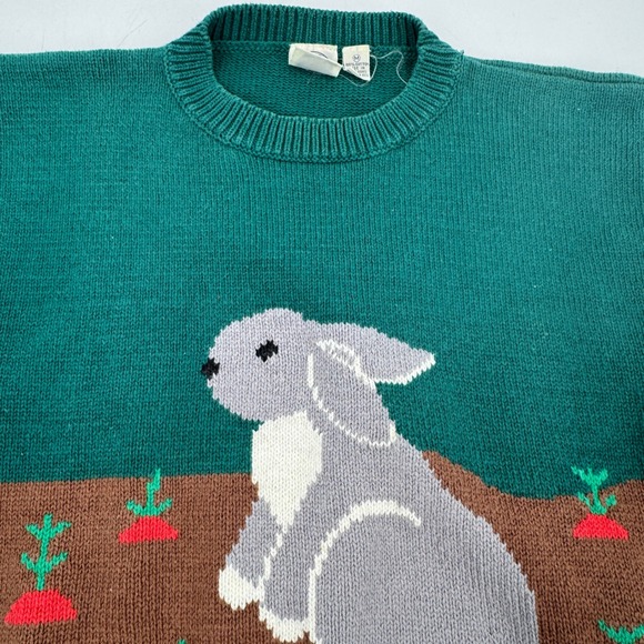 JG Hook Womens Green Rabbit Carrot Garden Knit Sweater Short Sleeve M Easter - Picture 3 of 8